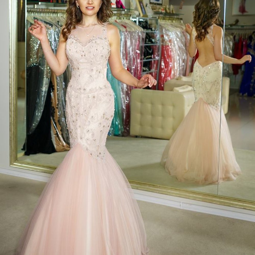 NWT Sherri Hill evening gown 50290 blush mermaid, open back - Picture 3 of 5